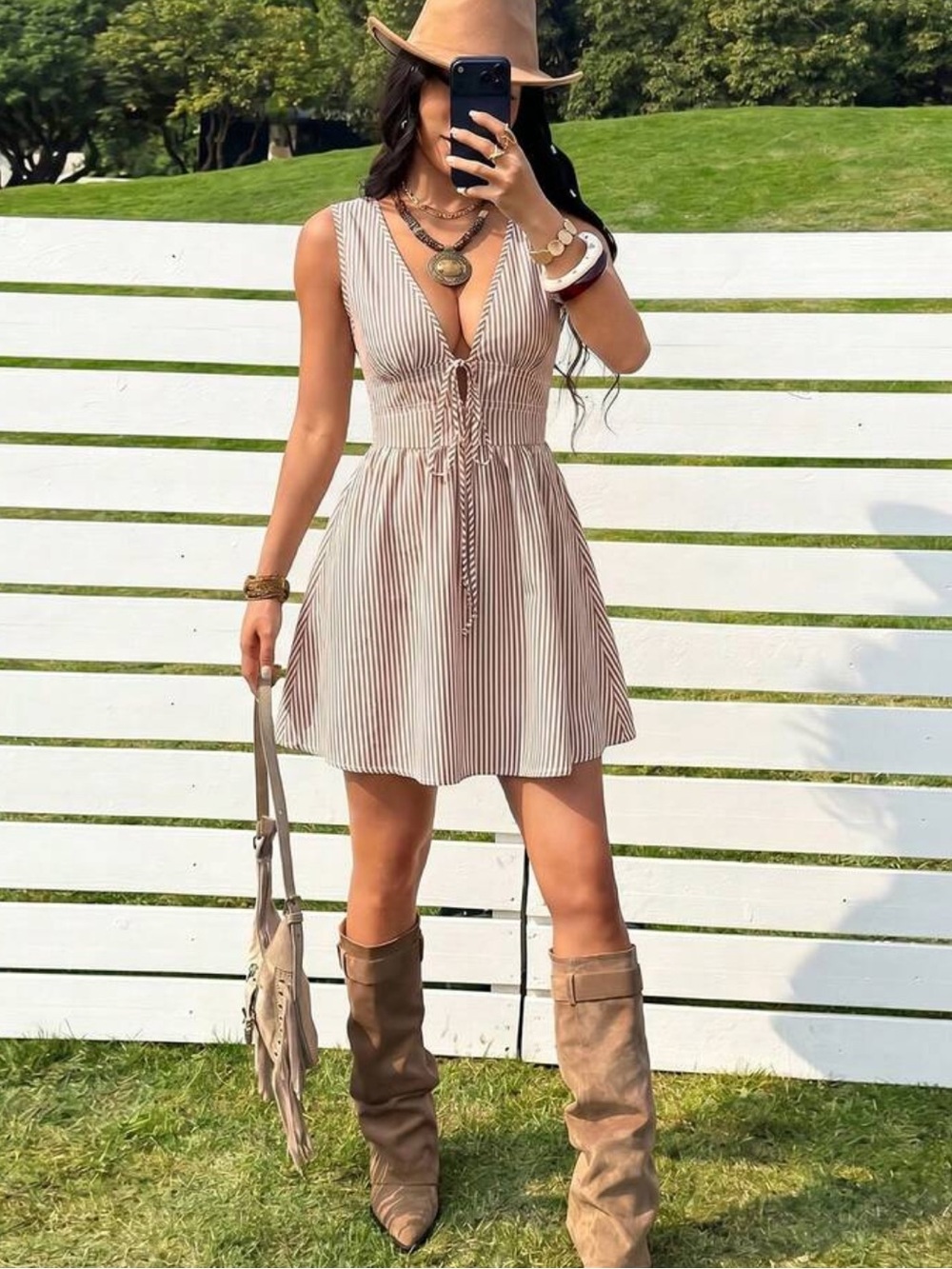 Women’s Beige Striped V-Neck Tie-Front Mini Dress